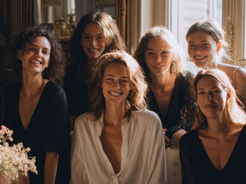 photo — un salon le soir, huit à quinze amies, l'ambassadrice au centre, boîtes Soft Paris ouvertes.